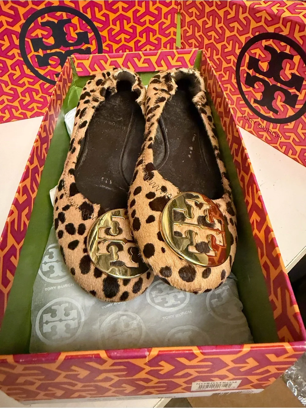 Tory Burch Leopard-Print Flats with Gold Logo Medallion